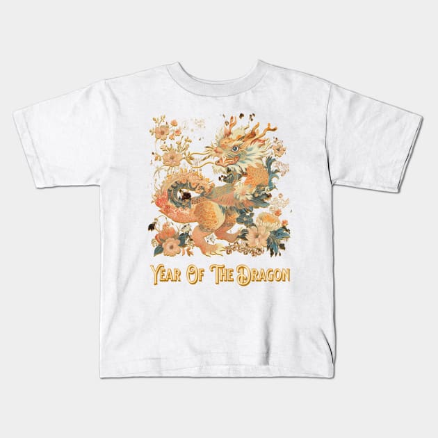 Dragon's Blooming Splendor: Year of the Dragon Kids T-Shirt by YUED